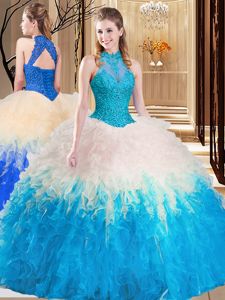 Multi-color Sleeveless Floor Length Lace and Appliques and Ruffles Backless Quinceanera Dresses