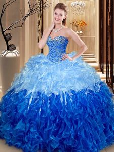 Affordable Multi-color Ball Gowns Organza High-neck Sleeveless Lace and Appliques and Ruffles Floor Length Backless Quinceanera Dresses