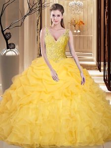 Ideal Pick Ups Gold Sleeveless Organza Backless 15 Quinceanera Dress for Military Ball and Sweet 16 and Quinceanera