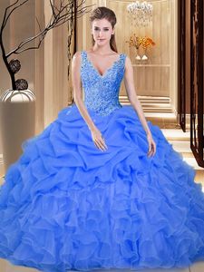 Clearance Backless V-neck Sleeveless 15th Birthday Dress Floor Length Lace and Appliques and Ruffles and Pick Ups Blue Organza