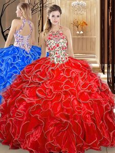 Scoop Sleeveless Backless Sweet 16 Dresses Coral Red Organza