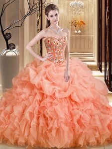 Pretty Sleeveless Organza Brush Train Lace Up Sweet 16 Dresses in Orange for with Beading and Embroidery and Ruffles