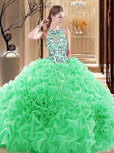 Delicate Backless High-neck Sleeveless Sweet 16 Dresses Brush Train Embroidery and Ruffles Organza