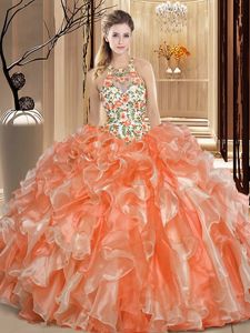 Scoop Orange Organza Backless Quinceanera Dresses Sleeveless Floor Length Embroidery and Ruffles