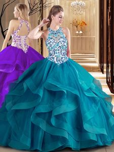 Customized Scoop Lace Up Quinceanera Gown Teal and In for Military Ball and Sweet 16 and Quinceanera with Embroidery and Ruffles Brush Train