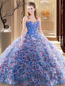 Custom Design Sweetheart Sleeveless Brush Train Lace Up Quince Ball Gowns Multi-color Fabric With Rolling Flowers