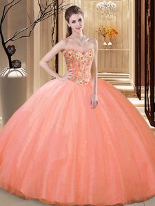 Peach 15 Quinceanera Dress Prom and Military Ball and Sweet 16 and Quinceanera and For with Embroidery Sweetheart Sleeveless Lace Up