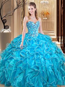 Floor Length Lace Up Sweet 16 Dresses Teal and In for Military Ball and Sweet 16 and Quinceanera with Embroidery and Ruffles