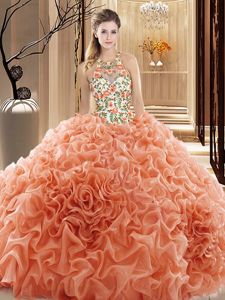 Peach Ball Gowns Organza High-neck Sleeveless Embroidery and Ruffles Backless 15th Birthday Dress Court Train