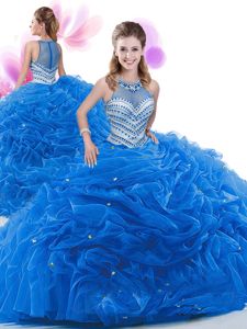 Sleeveless Ruffles Zipper Quince Ball Gowns with Royal Blue Court Train