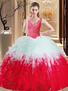 Deluxe White And Red Ball Gowns Lace and Appliques and Ruffles Quince Ball Gowns Zipper Tulle Sleeveless Floor Length