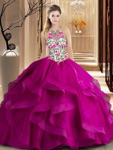 Inexpensive Brush Train Ball Gowns 15 Quinceanera Dress Fuchsia Scoop Tulle Sleeveless Zipper