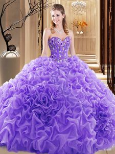 Lavender Sweet 16 Dresses Prom and Military Ball and Sweet 16 and Quinceanera and For with Embroidery and Ruffles and Pick Ups Sweetheart Sleeveless Court Train Lace Up