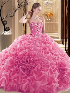 Amazing Rose Pink Ball Gowns Embroidery and Ruffles and Pick Ups Sweet 16 Quinceanera Dress Lace Up Fabric With Rolling Flowers Sleeveless Floor Length