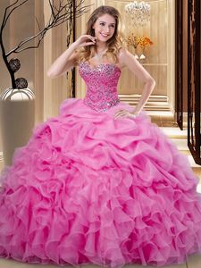 Organza Sweetheart Sleeveless Lace Up Beading and Ruffles and Pick Ups 15 Quinceanera Dress in Rose Pink