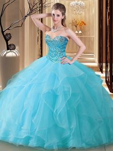 Romantic Aqua Blue Ball Gowns Sweetheart Sleeveless Tulle Floor Length Lace Up Beading Vestidos de Quinceanera