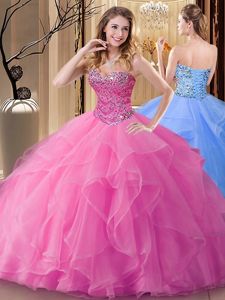 Rose Pink Ball Gowns Tulle Sweetheart Sleeveless Beading Floor Length Lace Up Quinceanera Gown