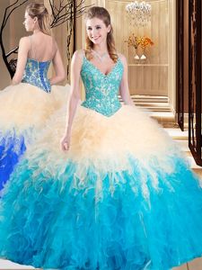 Pretty Tulle V-neck Sleeveless Lace Up Lace and Ruffles 15th Birthday Dress in Multi-color