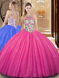 Hot Selling Hot Pink Scoop Backless Embroidery and Sequins 15 Quinceanera Dress Sleeveless