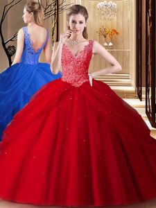 Red Sweet 16 Dresses Military Ball and Sweet 16 and Quinceanera and For with Lace and Appliques and Pick Ups V-neck Sleeveless Backless