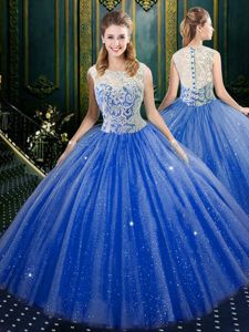 High-neck Sleeveless Quince Ball Gowns Floor Length Lace Royal Blue Tulle