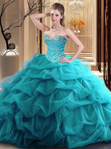 Dynamic Teal Tulle Zipper Sweet 16 Dress Sleeveless Floor Length Beading and Ruffles