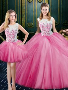 Discount Three Piece Scoop Floor Length Zipper Quinceanera Dress Pink and In for Military Ball and Sweet 16 and Quinceanera with Lace and Pick Ups