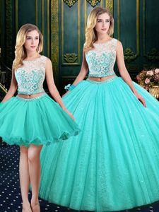 Graceful Three Piece Sequins Floor Length Blue Quinceanera Dresses Scoop Sleeveless Lace Up