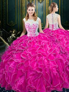 Scoop Fuchsia Ball Gowns Lace and Ruffles Quinceanera Dress Zipper Organza Sleeveless Floor Length