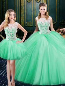 Glittering Three Piece Apple Green Lace Up Scoop Lace and Pick Ups Ball Gown Prom Dress Tulle Sleeveless