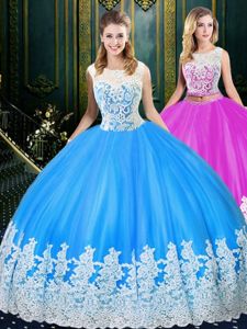 Artistic Tulle Scoop Sleeveless Zipper Lace and Appliques Quinceanera Dresses in Baby Blue