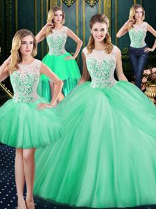 Custom Design Four Piece Scoop Lace and Pick Ups 15th Birthday Dress Apple Green Zipper Sleeveless Floor Length