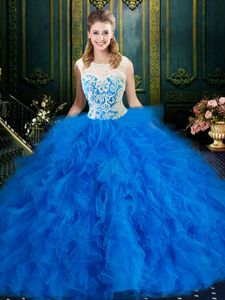 Scoop Blue Tulle Zipper Quinceanera Gowns Sleeveless Floor Length Lace and Ruffles