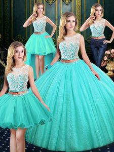 Four Piece Sequins Ball Gowns 15th Birthday Dress Blue Scoop Tulle and Sequined Sleeveless Floor Length Lace Up