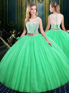 Traditional Scoop Sleeveless Tulle and Sequined Vestidos de Quinceanera Lace and Sequins Lace Up