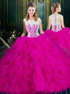 Scoop Fuchsia Sleeveless Floor Length Lace and Ruffles Zipper Vestidos de Quinceanera