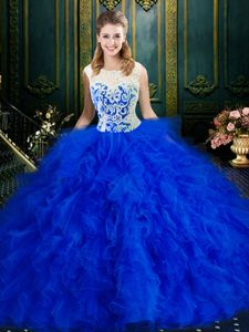 Hot Sale Scoop Floor Length Royal Blue Ball Gown Prom Dress Tulle Sleeveless Lace and Ruffles