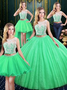 Four Piece Scoop Floor Length Lace Up Sweet 16 Dresses for Military Ball and Sweet 16 and Quinceanera with Lace and Sequins