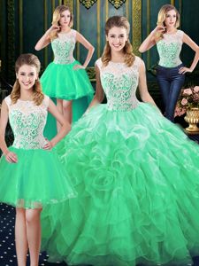 Four Piece Green Zipper Scoop Lace and Ruffles Quince Ball Gowns Organza Sleeveless