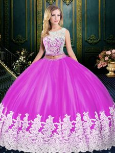 Noble Scoop Tulle Sleeveless Floor Length Quinceanera Dresses and Lace and Appliques