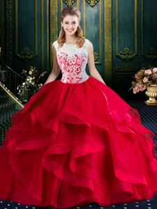 Great Square Sleeveless Brush Train Lace and Ruffles Zipper Quince Ball Gowns