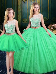 Three Piece Scoop Sleeveless Floor Length Lace and Sequins Lace Up Sweet 16 Dress with