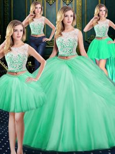 Four Piece Scoop Apple Green Zipper Sweet 16 Dresses Lace and Pick Ups Sleeveless Floor Length