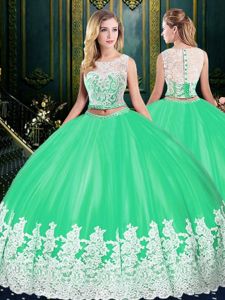 Custom Designed Scoop Floor Length Apple Green Sweet 16 Dress Tulle Sleeveless Lace and Appliques