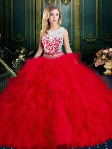 Scoop Floor Length Zipper Quince Ball Gowns Red and In for Military Ball and Sweet 16 and Quinceanera with Lace and Ruffles