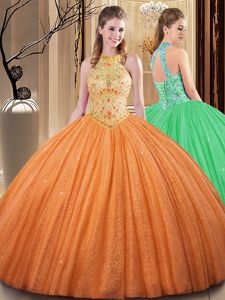 Excellent Orange Tulle Backless High-neck Sleeveless Floor Length Quinceanera Dress Embroidery and Hand Made Flower