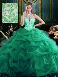 Discount Halter Top Sleeveless Floor Length Beading and Ruffles and Pick Ups Lace Up Sweet 16 Quinceanera Dress with Dark Green