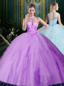 Lavender Halter Top Lace Up Beading and Lace and Appliques and Ruffles and Pick Ups Sweet 16 Dresses Brush Train Sleeveless