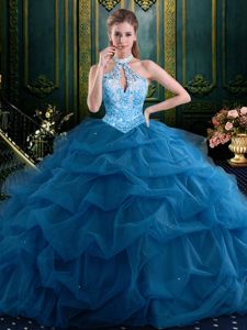 Halter Top Floor Length Lace Up 15 Quinceanera Dress Navy Blue and In for Military Ball and Sweet 16 and Quinceanera with Beading and Pick Ups