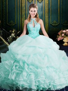 Smart Halter Top Sleeveless Beading and Lace and Ruffles Clasp Handle Ball Gown Prom Dress with Apple Green Brush Train